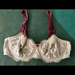 VS grey and oxblood lace bra with velvet straps